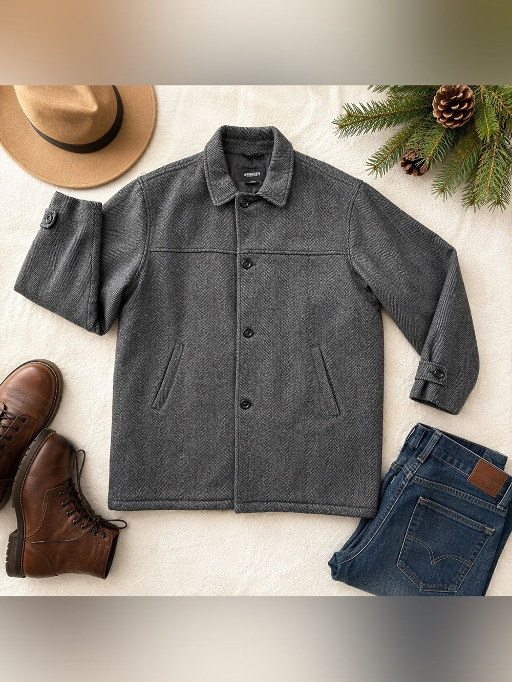 Aberdeen Collection XL Gray Herringbone Wool Blend Car Coat Jacket